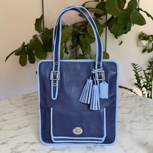 Coach Archival 2-Tone Leather Magazine Tote Navy Chambray Blue Turnlock F22410